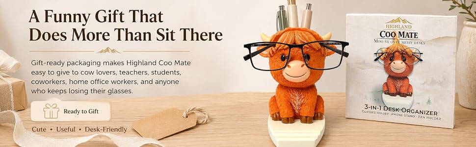 Highland cow desk organizer beside gift ready Highland Coo Mate packaging