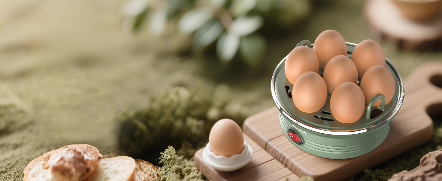 Green colander containing brown eggs on wooden surface. Additional egg in white holder nearby. Bread and greenery visible in background.