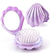 Iridescent Shell Folding Hair Brush with Mirror, Compact Travel Size Mermaid Hair Brush for Purse...