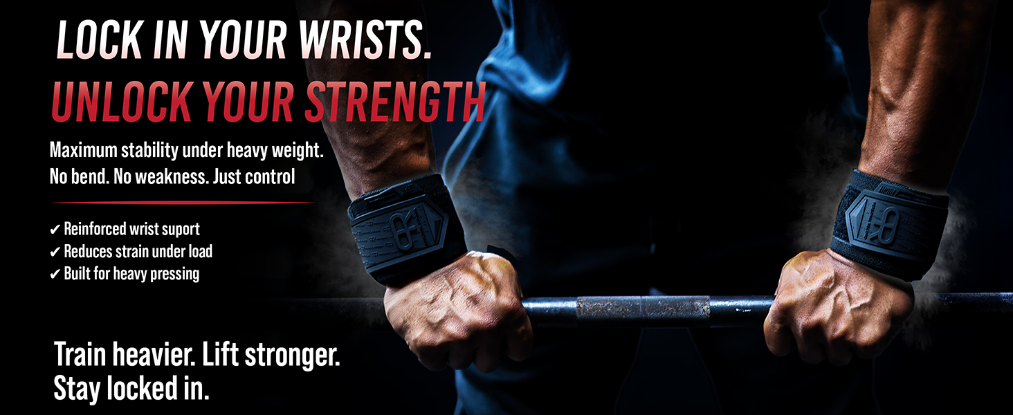 Athlete wearing black wrist wraps gripping barbell with text highlighting strength and support
