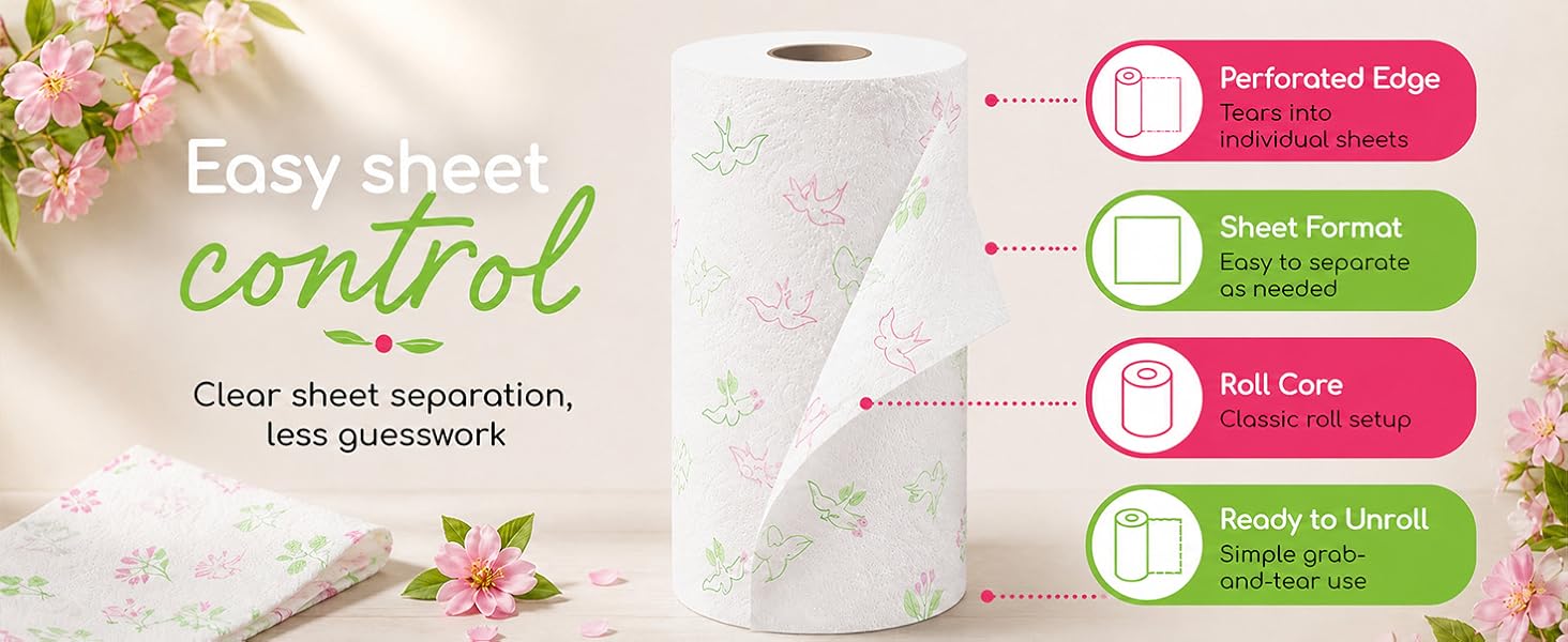 Perforated paper towel roll with easy tear individual sheets and classic cardboard core