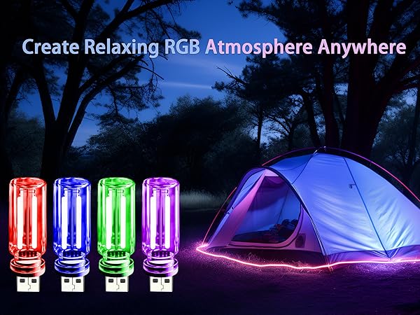 4 pack USB ambient night lights, multi-color mini LED lights for car, bedroom and gaming setup