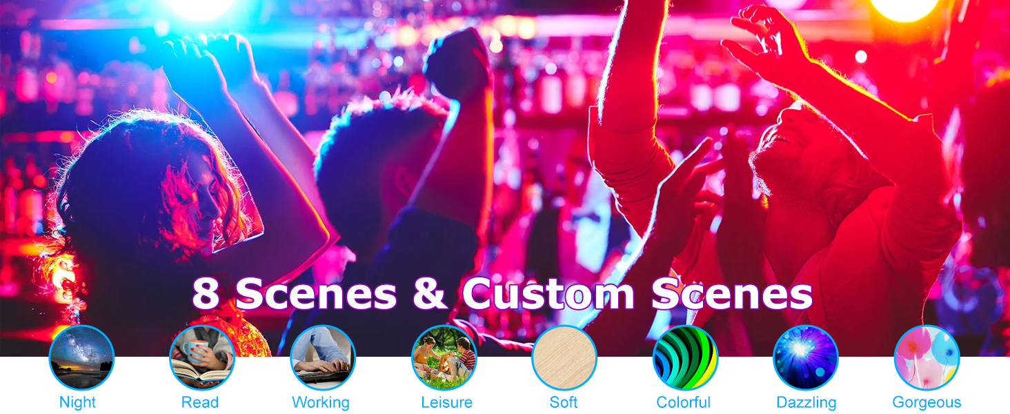 Built-in music player with 8 scene modes; one-touch sync creates a rich light and sound experience