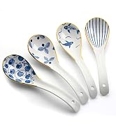 IQCWOOD Ceramic Asian Soup Spoons with Non-Slip Hook, Perfect for Ramen, Pho, Miso Soup & Wontons...