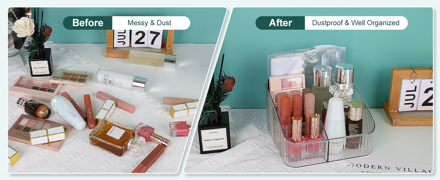 Similar before/after comparison of cosmetics organization, showing scattered makeup products transformed into neatly arranged items in clear storage containers.