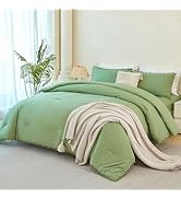 PERFEMET Green Bed in A Bag Twin Size 5 Pieces All Season Pom Pom Fringe Bedding Set for Girls Ki...