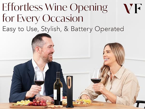 Battery operated wine opener with red wine and cheese board being enjoyed by happy couple