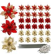 Frcctre 30 Pack 5 Inches Christmas Glitter Poinsettia Flowers, Glitter Christmas Artificial Flowe...