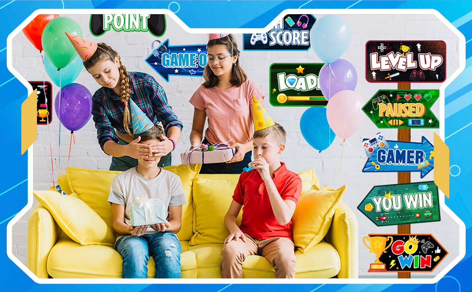 game party themed directional signs