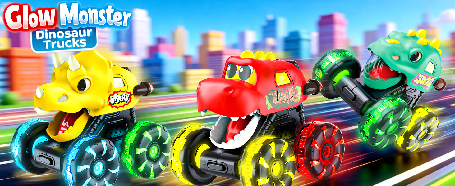 dinosaur monster trucks toys color changing light up monster cars for boys age 1-3 2-4 3-5 4-7