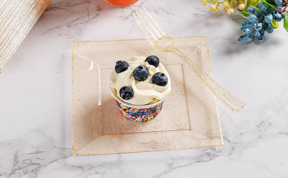 Square Gold Glitter Plates with Plastic Forks