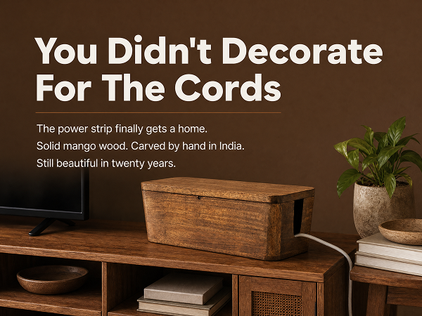 Tangled cords beside the same setup tidied inside a closed mango wood cable box