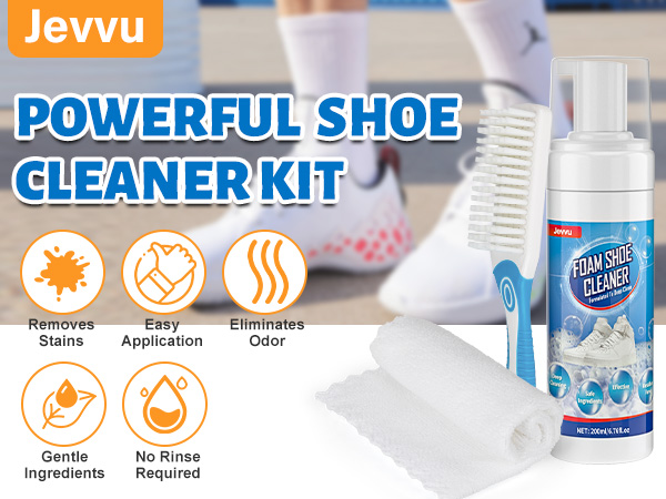 Jevvu Powerful Shoe Cleaner Kit featuring a foam cleaner bottle, brush, and cloth. Advertised benefits include stain removal, easy application, odor elimination, gentle ingredients, and no-rinse formula.