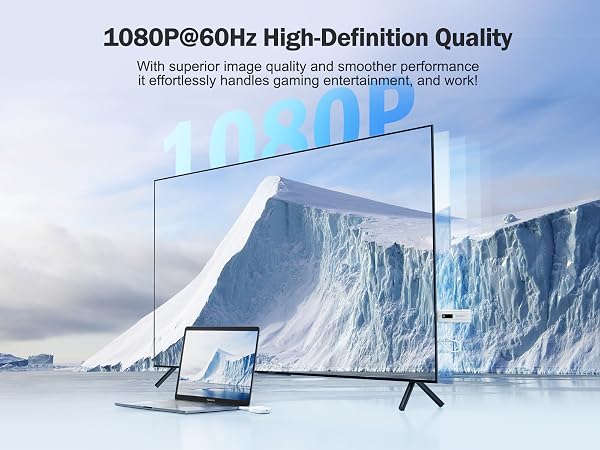 Television display comparison showing 1080P@60Hz high-definition quality, featuring glacial landscape image across multiple screens.