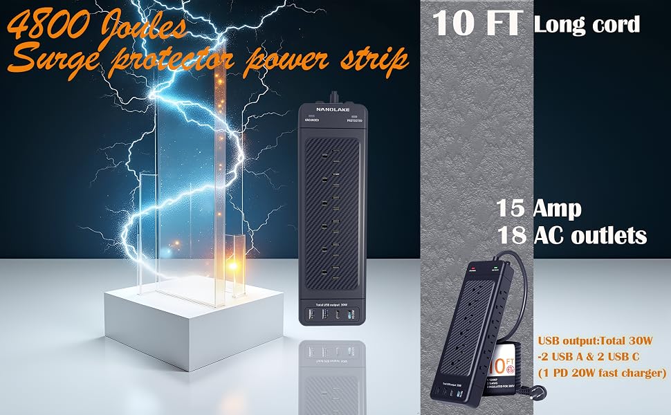 Heavy duty power strip, 4800 Joules Surge Protector 18AC+4USB, Long 10ft Extension Cord, Mountable