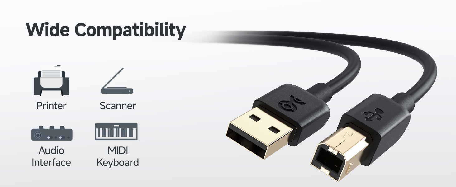 USB A to B 2.0 Cable for Printers, Scanners, and MIDI Devices