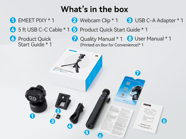 What's in the box EMEET PIXY Dual-Camera AI-Powered PTZ Camera 4K