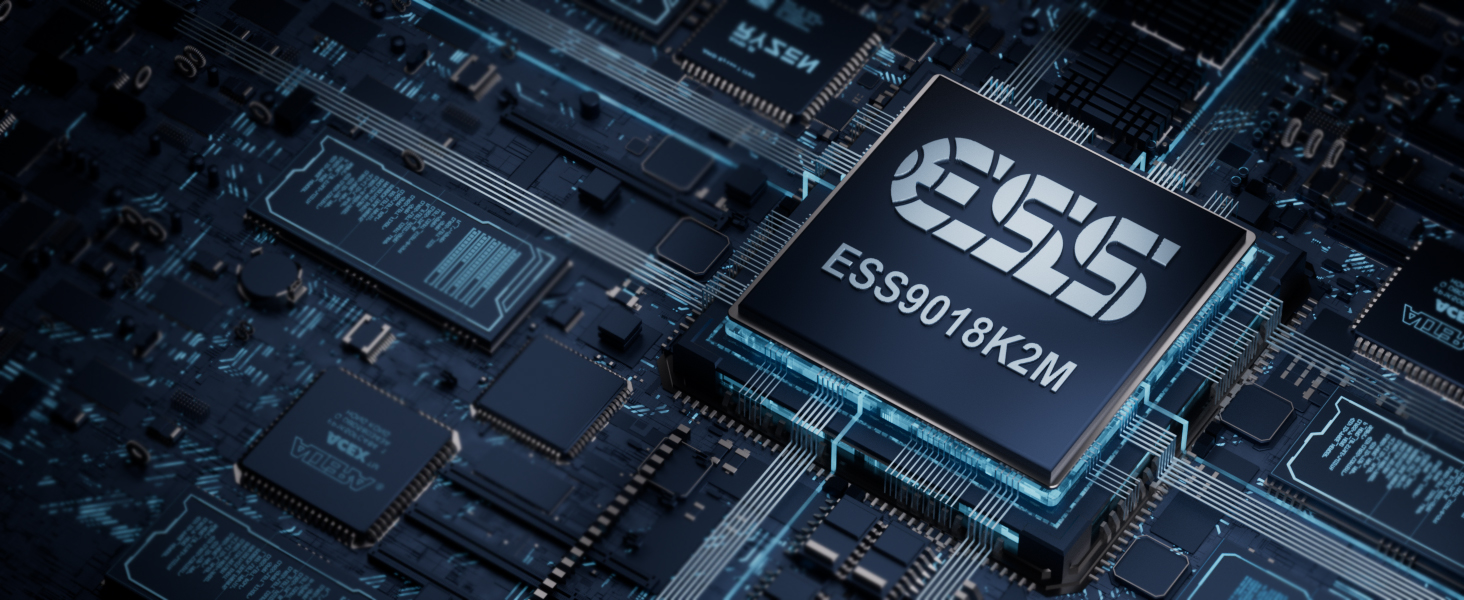 Close-up of a computer chip on a circuit board. Chip labeled 'ESS ES9018K2M' in white text against dark background.