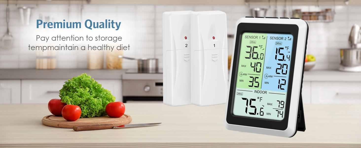 Refrigerator Thermometer with Freezer Alarm, Digital Wireless Fridge Thermometer with 2 Sensors