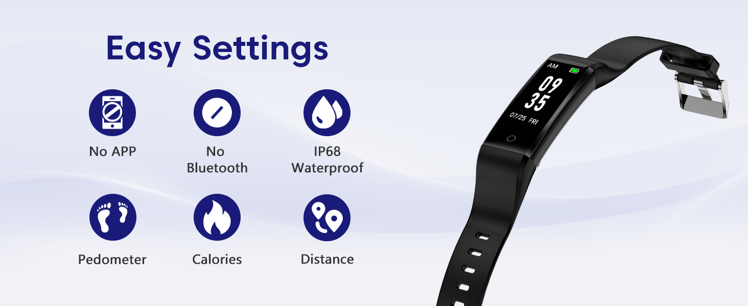 Fitness tracker easy settings: no app, no Bluetooth, IP68, pedometer, calories, distance.
