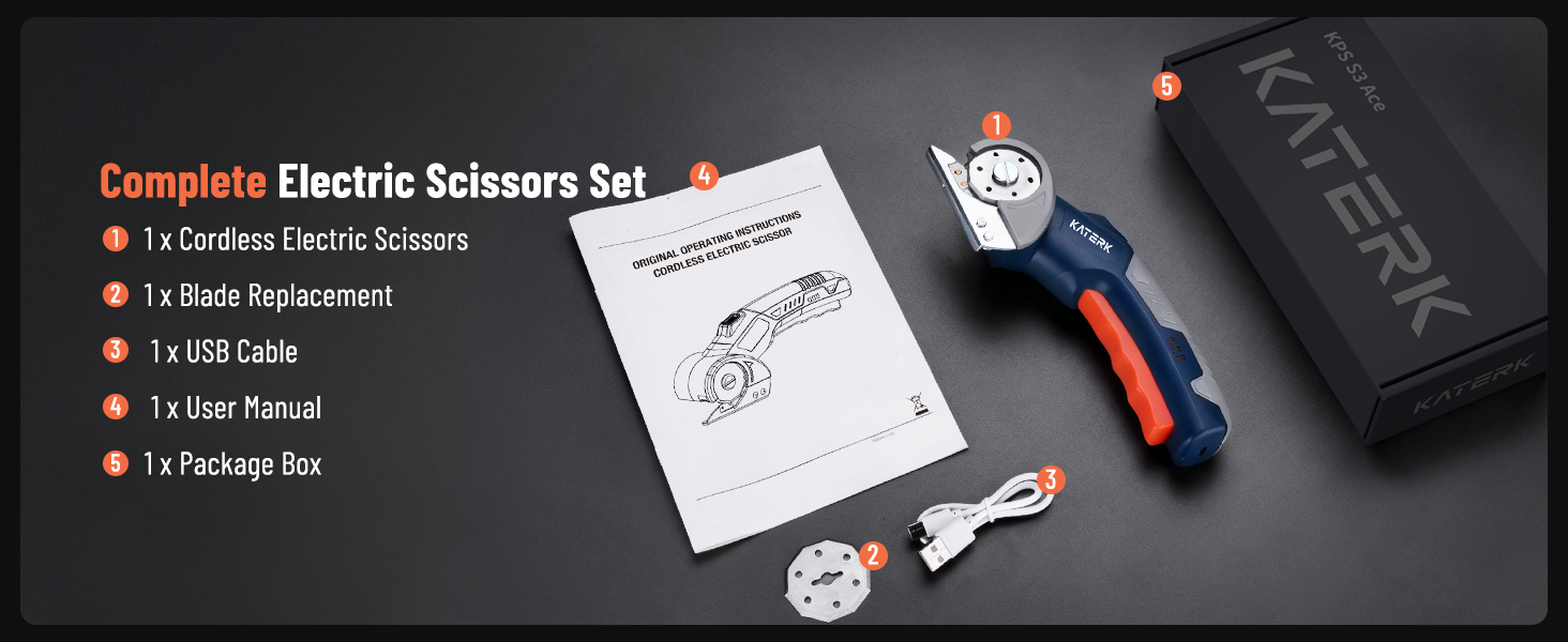 Complete Kit: electric fabric cutter, charger, spare blades in one box.