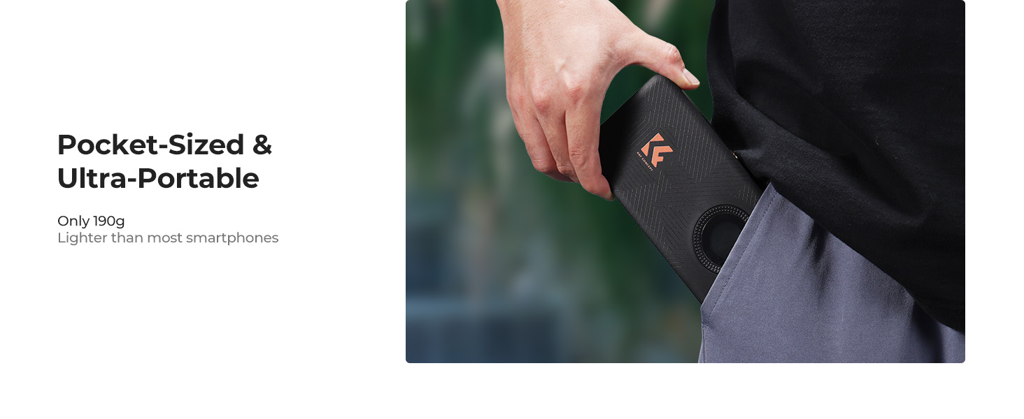 Text reads 'Pocket-Sized & Ultra-Portable'. Close-up image showing a hand reaching into a jacket pocket, demonstrating compact size of product.