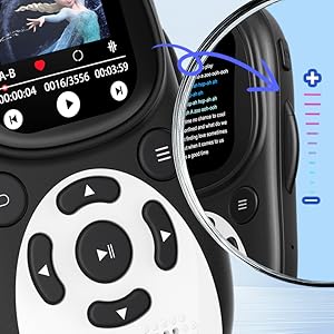 Multiple views of a black wireless controller or remote device with digital display showing interface elements, menu options, and playback controls against blue background.
