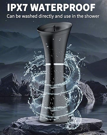 Black cylindrical device with IPX7 waterproof rating, shown with water splashing around it against a dark, rocky background.