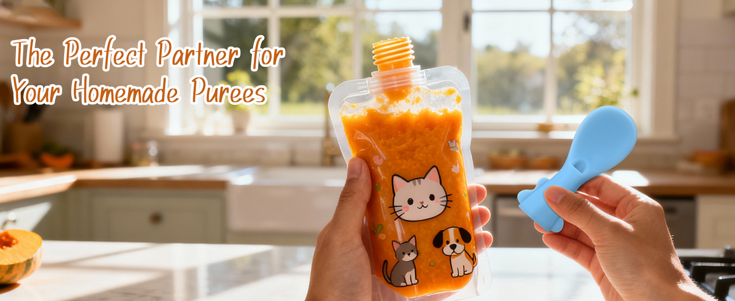 Showcasing the spoon's seamless attachment to a homemade puree pouch for convenient feeding.