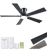 52 Inch Black Flush Mount Ceiling Fan with Light, 3CCT Dimmable LED, 6-Speed Remote Control, Reve...