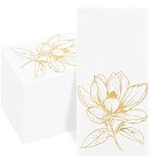 Joyido 50 Pack Gold Magnolia Napkins - Gold Floral Disposable Napkins - Cloth-Like Feel Dinner Pa...