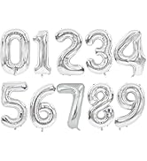 TONIFUL Balloons 16 Inch Silver 0-9 Number Mylar Foil Balloons 10 Pcs Silver Custom Digital Ballo...