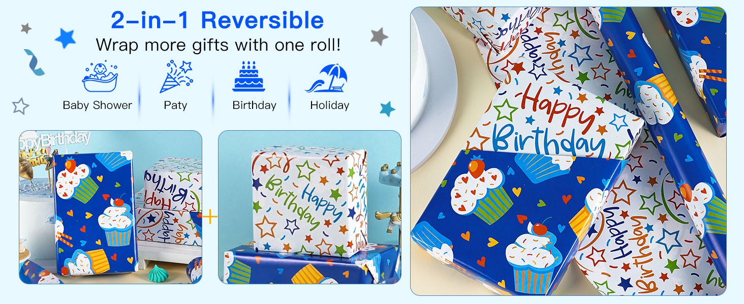 Boys Reversible Birthday Wrapping Paper