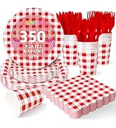 Vyntra 350 Pcs Red & White Checkered Gingham Paper Plates and Napkins Set for 50, 9" Dinner Plate...