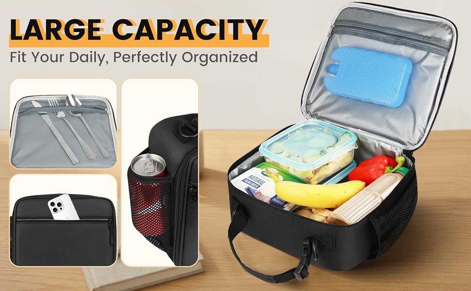 A compact lunch bag showing dedicated mesh pouches and side pockets for organized storage.