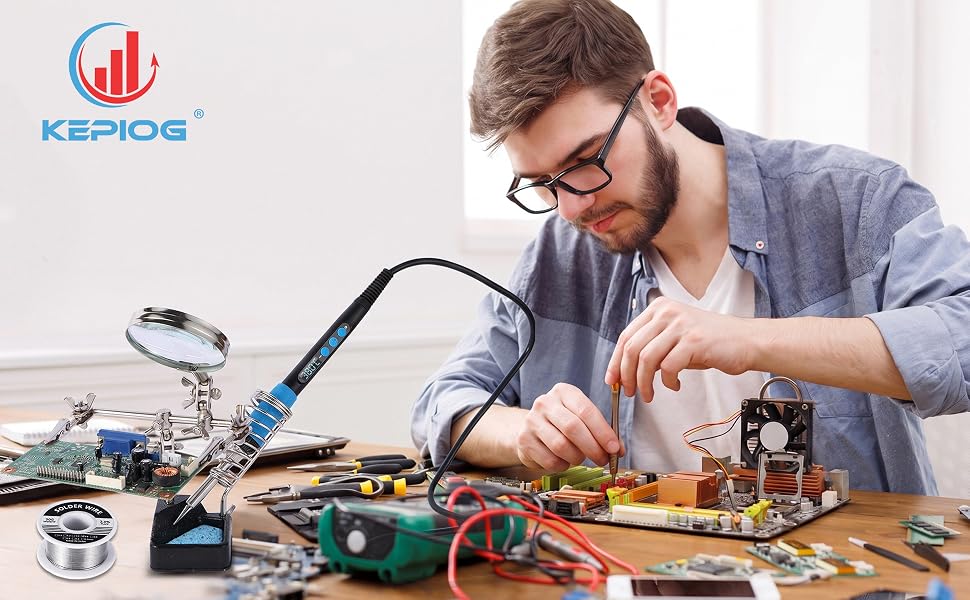 A technician uses KEPIOG soldering iron kit to repair PCB on a tidy workbench.