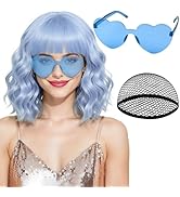 PLULON Light Blue Wavy Bob Wigs with Bangs Heart Sunglasses Hair Cap for Women, Colored Synthetic...
