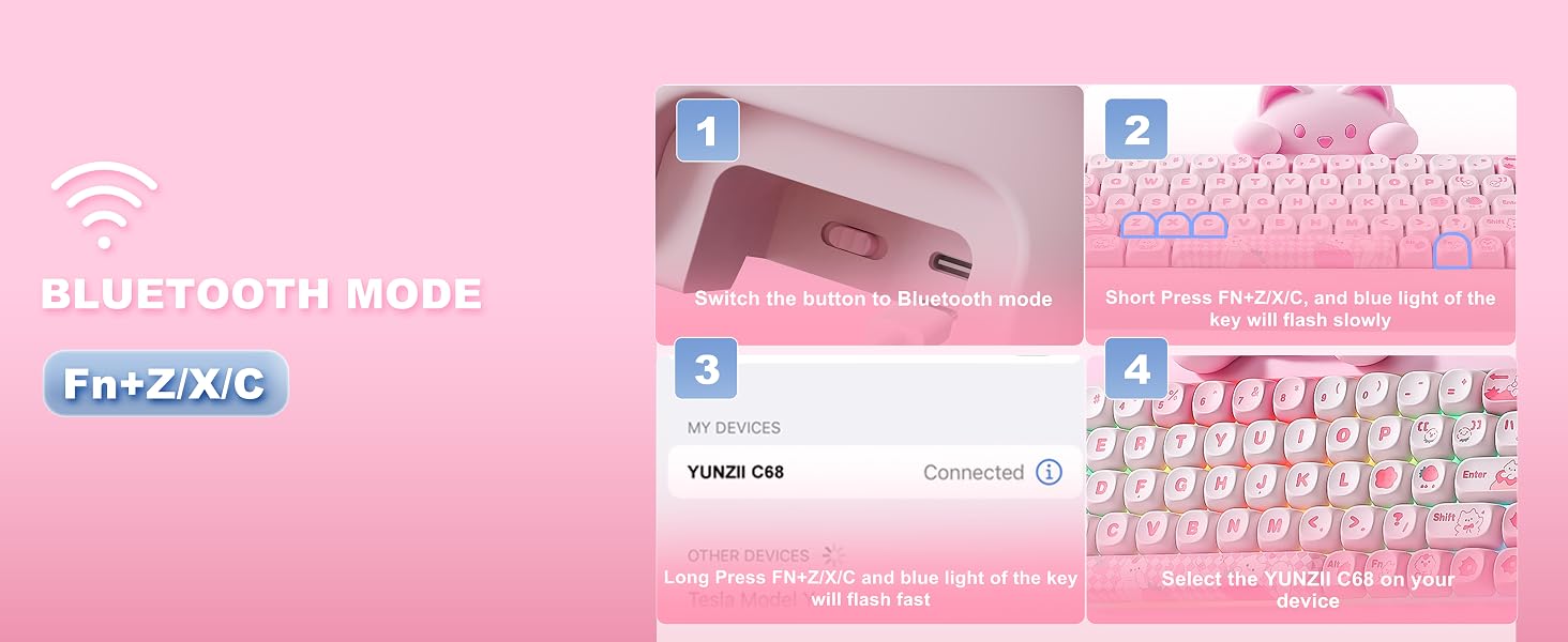 Text reads: 'BLUETOOTH MODE', 'FIT-Z/X/C', and keyboard product labels. Pink background showing wireless keyboard with Bluetooth connectivity, displayed in multiple configurations with instruction panels numbered 1-4 demonstrating pairing and connection steps.