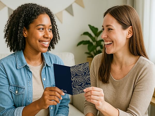 A couple celebrating joyous occasion with these assorted blank cards with envelopes.