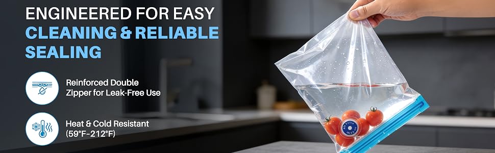 Hand holding a sealed bag filled with water and tomatoes to show a leak-proof double-zipper seal.
