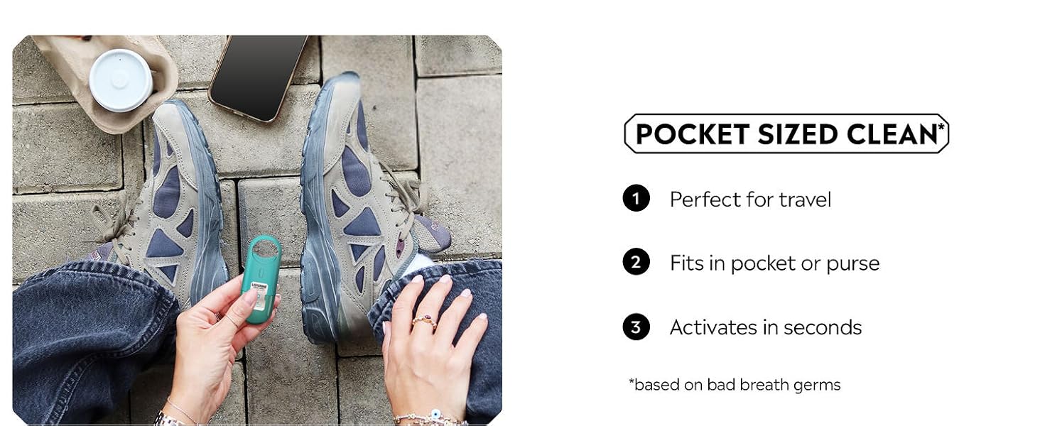 pocket sized clean, perfect for travel, fits in pocket or purse, activates in seconds