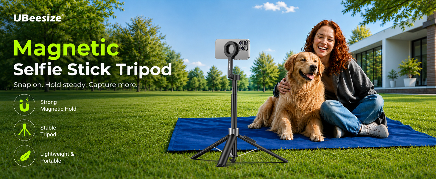 Magnetic Selfie Stick Tripod, Snap on. Hold steady. Capture more.
