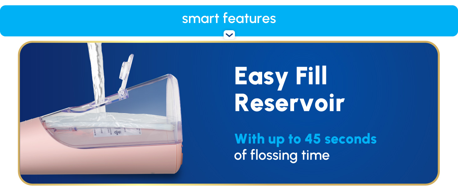 Image of pink Waterpik floss machine filling with water and text that says easy fill reservoir