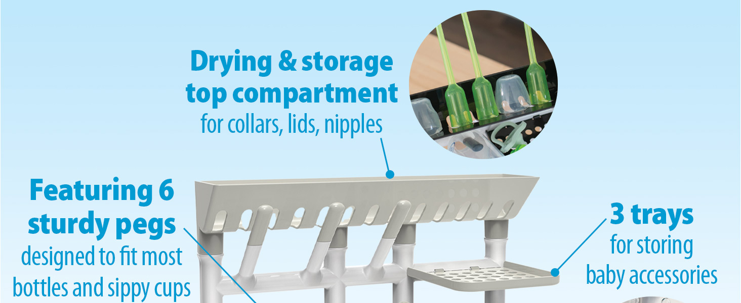 Featuring 6 sturdy pegs Drying & storage top compartment 3 trays
