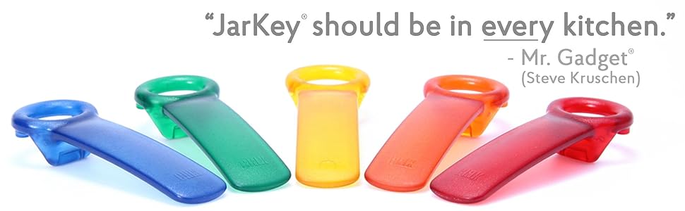 Colorful asst. of JarKeys with quote from Steve Kruschen: Jarkey should be in every kitchen
