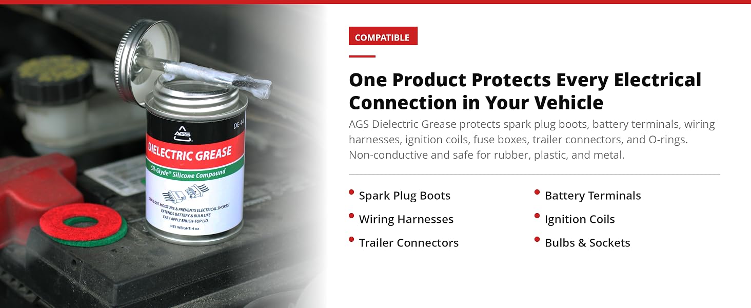 AGS Dielectric Grease open on car battery with six application use cases listed