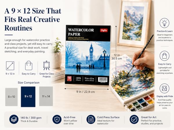 Watercolor Pad, Cold Press, 9x12 inches - Professional Art Paper for Watercolor Gouache Ink Acrylic