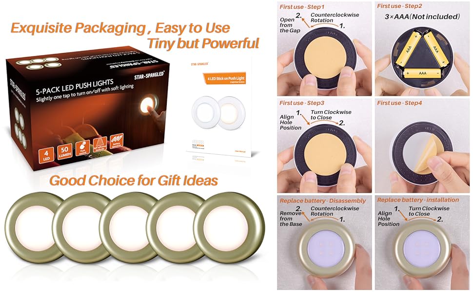 Tap Light, Push Light, STAR-SPANGLED, 4 LED Touch Light, Night Lights, Stick-on Anywhere,Warm White