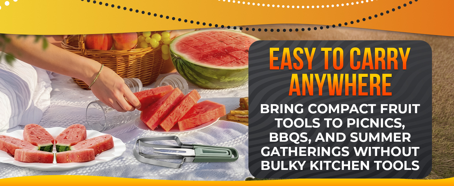 Green-handled fruit knives lie on a picnic blanket near plates of watermelon sticks and wedges