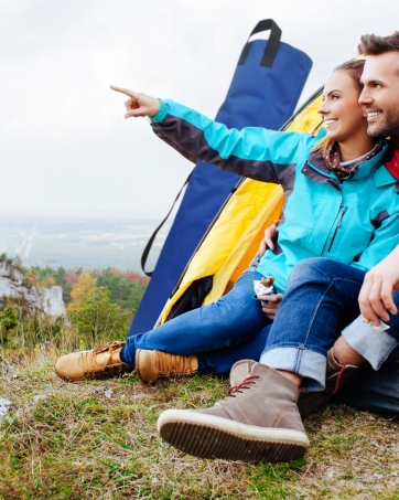 people camping, on a mountain, hiking, couple, tent, chair cover
